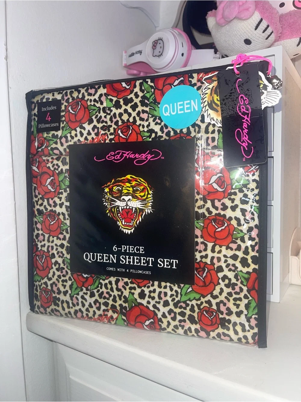 NWT Ed Hardy Queen Sheet Set with Red Rose & Leopard Print - Black/Cream/Red